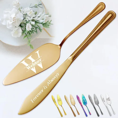 Miniatura 14 de Juego personalizado de corte de pasteles para boda, servidor de pastel de boda grabado gratis, cuchillo de pastel de acero inoxidable y juego