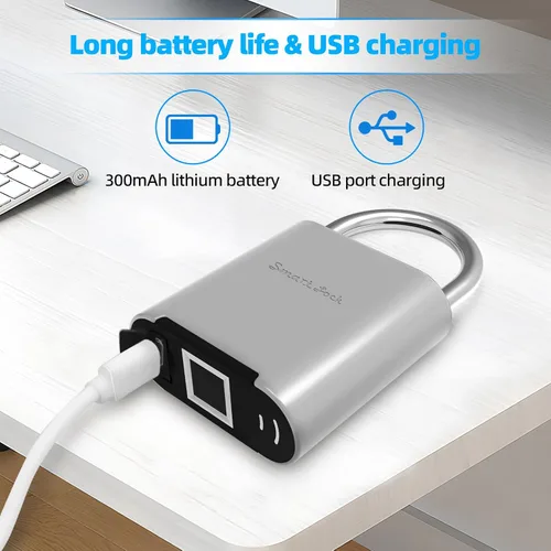 Miniatura 7 de Candado de huellas dactilares, cerradura inteligente biométrica, IP66 impermeable, cerradura de gimnasio de aleación de zinc recargable