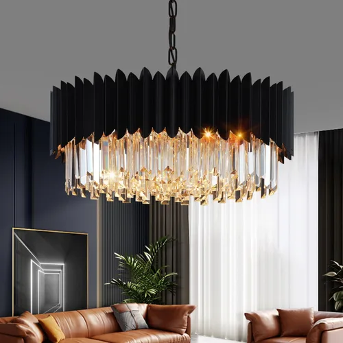 Miniatura 18 de Candelabro de cristal negro de 20 pulgadas, K9, luces colgantes redondas, ajustables, de 4 niveles, gran lámpara de cristal moderna, 6 luces