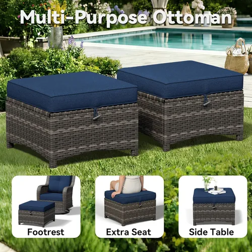 Miniatura 5 de Juego de 2 otomanas para patio, 22 x 22 x 18 pulgadas, reposapiés de mimbre para exteriores con cojín, azul, para jardín, patio trasero, cubierta