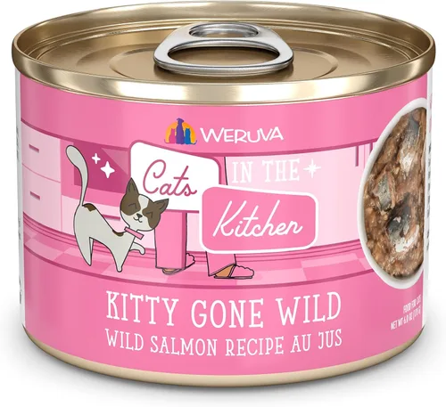 Weruva Cats in The Kitchen, Kitty Gone Wild with Wild Salmon Au Jus - Alimento para gatos, lata de 6 onzas (paquete de 24)