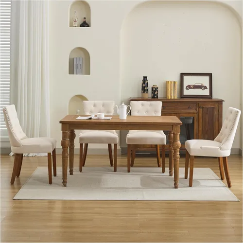Miniatura 5 de Juego de 4 sillas de comedor tapizadas copetudas, sillas laterales de tela para comedor con cabeza de clavo en la parte trasera y patas de madera
