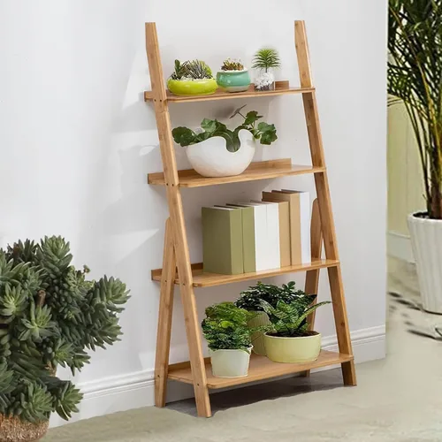 Miniatura 5 de Maydear - Estantería de escalera de bambú, estantería inclinada de 4 niveles, organizador de almacenamiento independiente para sala de estar, Nogal