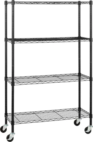 Amazon Basics Estantería de almacenamiento ajustable de 4 estantes, resistente, sobre ruedas giratorias de 3 pulgadas, estante de alambre Negro