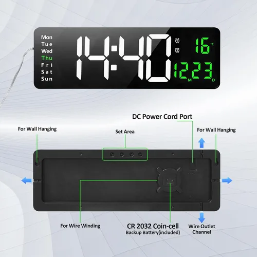 Miniatura 5 de Reloj de pared digital grande, reloj de pared digital de 16 pulgadas con hora, fecha, temperatura, semana, temporizador, 12/24 horas, atenuación