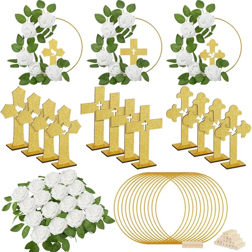 Miniatura 8 de Wesiti 48 piezas Centro de mesa para bautizo, decoración de mesa para primera comunión, 12 cruces de madera, 12 aros florales con soporte, 24 rosas