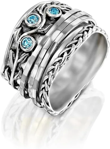 Paz Creations - Anillos giratorios de plata de ley 925 para mujer con piedras preciosas naturales, banda gruesa con patrón martillado, joyería
