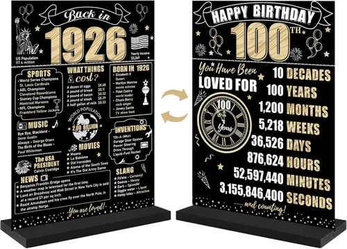 Decoración de cumpleaños número 100 para hombres y mujeres, póster de mesa de madera de dos caras con soporte para fiestas, soporte para exhibición