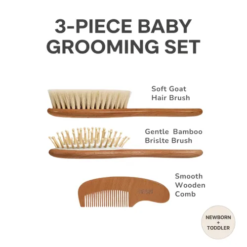 Miniatura 2 de Juego de cepillo y peine de madera para bebé recién nacido y niño pequeño - Cepillo de pelo natural con cerdas de cabra suaves para niña y niño