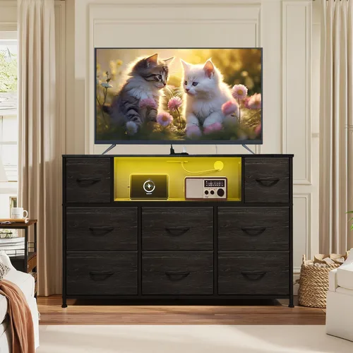Miniatura 2 de Soporte de TV negro para TV de 45, 50, 55 pulgadas, mesa consola multimedia de TV con luces LED y estación de carga, centro de entretenimiento con 8