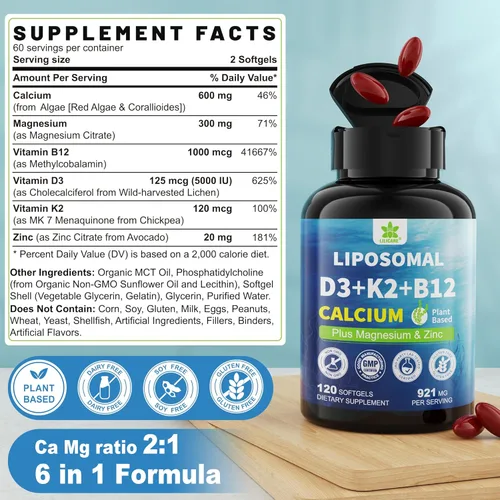 Miniatura 2 de Suplementos de Calcio a Base de Plantas 6-en-1 para Mujeres y Hombres - Calcio 600mg con D3 K2 5000 UI de Vitamina, Calcio Liposomal y de Algas