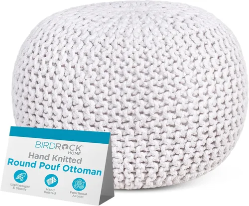 Miniatura 15 de BIRDROCK HOME Puf redondo otomano Taburete de pie trenzado de algodón con relleno de bolsa de frijoles Reposapiés bohemio para sala de estar