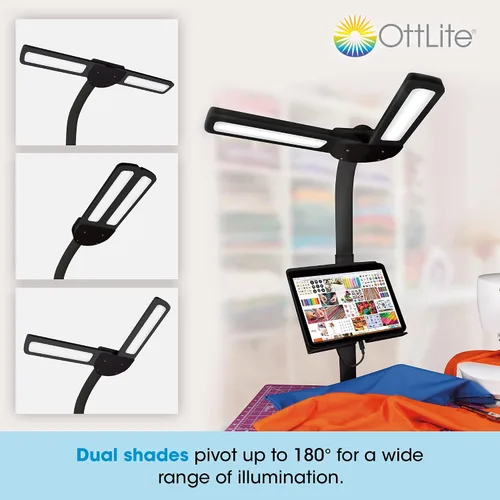 Miniatura 2 de OttLite Lámpara de pie LED de doble pantalla con soporte ajustable, amplia gama de iluminación con puerto de carga USB de 2.1 A integrado y cuello