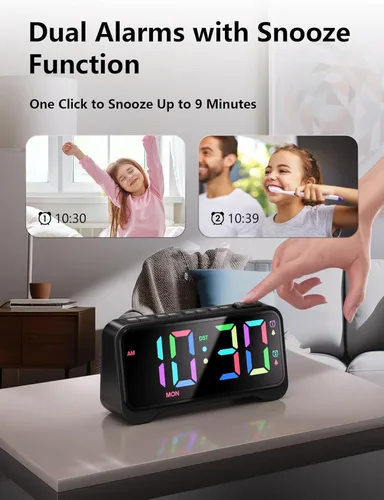 Miniatura 5 de Mesqool Reloj despertador súper fuerte para dormitorios, modo de fin de semana/día de la semana, atenuador, repetición, 12/24 horas, horario de Negro