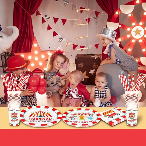 Miniatura 5 de Suministros de fiesta para Carnaval Decoraciones, juego de platos y servilletas de papel con temática de circo para cumpleaños con tazas y pajitas