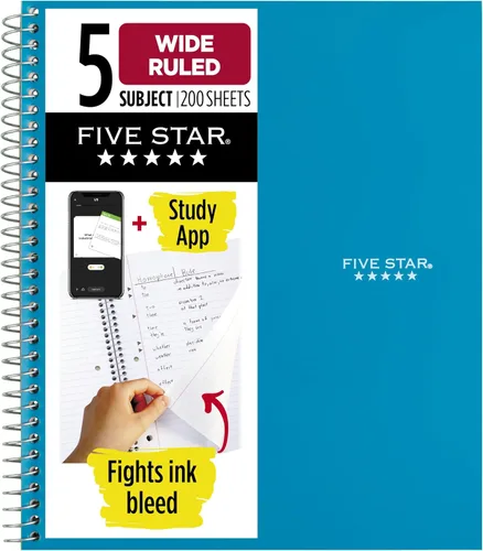 Miniatura 5 de Five Star Cuaderno de espiral + aplicación de estudio, 5 materias, papel a rayas anchas, 8 x 10-1/2 pulgadas, 200 hojas, lucha contra el sangrado
