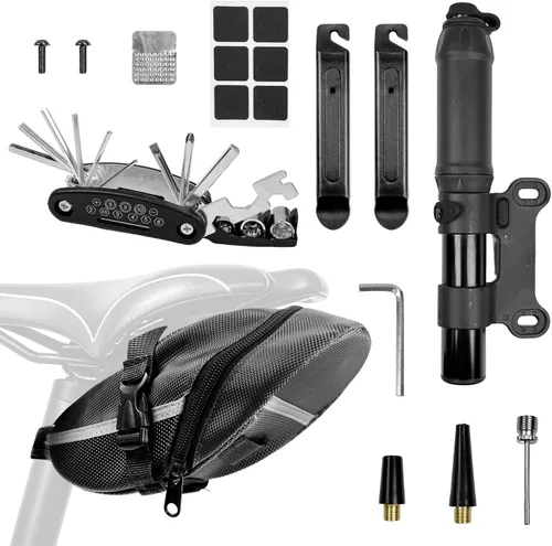 Bolsa de asiento de bicicleta a prueba de agua con kit de herramientas para bicicleta, kit de reparación de bicicletas con bomba de neumáticos de