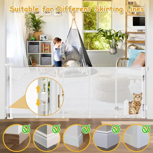 Miniatura 8 de Puerta retráctil extra ancha reforzada de 90 pulgadas para bebés con puerta para gatos, puertas retráctiles de 33 pulgadas de alto para perros Blanco