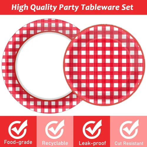Miniatura 4 de Tevxj 96 PCS Platos de Fiesta de Pícnic Rojos y Blancos de Cuadros Vichy Vajilla de Fiesta Barbacoa Platos de Papel Desechables Servilletas