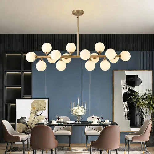 Miniatura 14 de Candelabro de mediados de siglo, lámpara colgante Sputnik de latón dorado con pantalla de lámpara de vidrio blanco, Candelabros lineales de globo