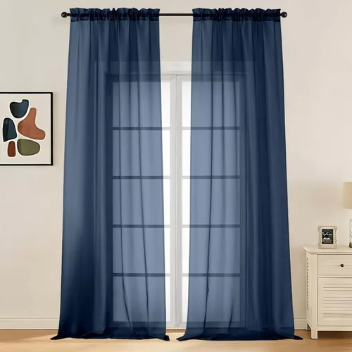 Miniatura 60 de LIVEKID Cortinas traslúcidas negras de cocina de 36 pulgadas de largo, cortinas cortas filtrantes de luz, 2 paneles de gasa aireada, texturizadas