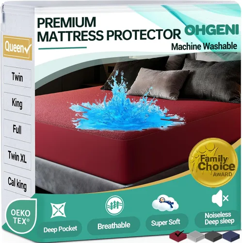 Miniatura 10 de OhGeni Protector de colchón 100% impermeable, tamaño Queen Beige, sábana bajera con bolsillos profundos, 6''-18'', material suave transpirable sin