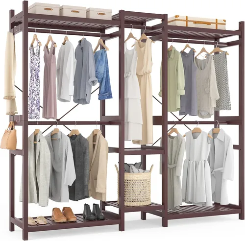 Miniatura 17 de Homykic Perchero de bambú para colgar ropa, perchero resistente con estantes ajustables de 7 niveles, varillas dobles, 4 ganchos, sistema de armario