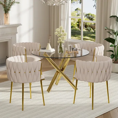 Miniatura 39 de Juego de mesa redonda dorada para 4, juego de mesa de comedor de 39'' con tapa de vidrio transparente, juego de mesa de cocina circular moderna de 5
