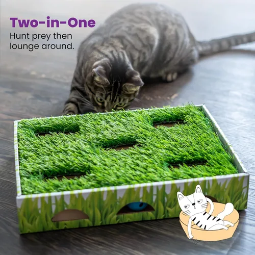 Miniatura 7 de Catstages Caja de Caza con Parche de Hierba - Juguete Interactivo para Gatos de Interior con Césped Sintético y 3 Bolas de Cascabel - Fomenta