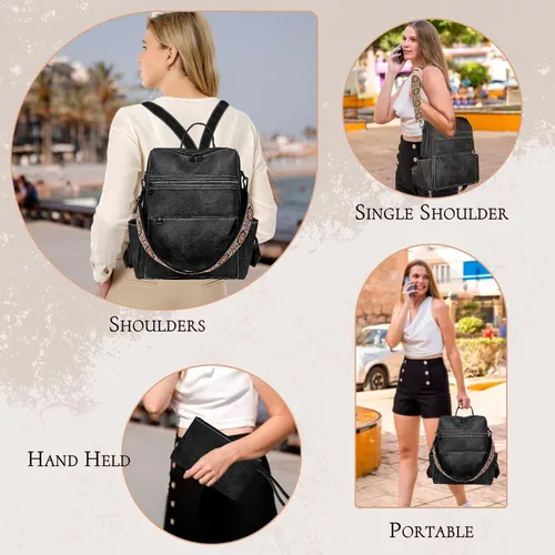 Miniatura 5 de Mochila para mujer, mochila impermeable de piel sintética, ligera, a la moda, multiusos, convertible, mochila de viaje, bolso de hombro, color negro