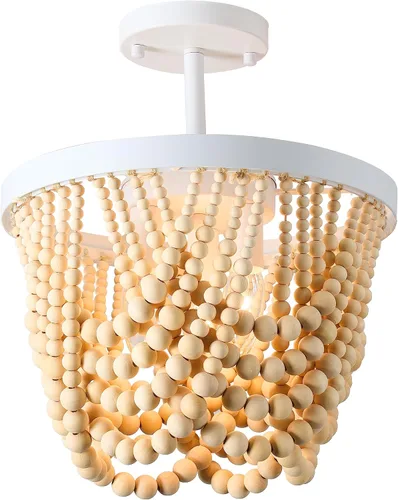 Miniatura 7 de Candelabro blanco pequeño con cuentas de madera, lámpara de techo semiempotrada, 3 lámparas bohemias para dormitorio, cuarto de bebé, sala de estar