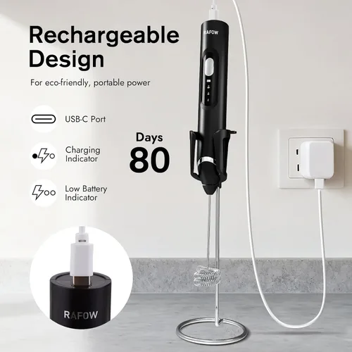Miniatura 3 de RAFOW Espumador de leche eléctrico de mano: varita espumadora recargable con soporte, 3 velocidades y mezclador de bebidas desmontable de doble