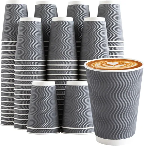 Miniatura 14 de Clawsoff Paquete de 90 tazas de café desechables de 16 onzas sin tapas, tazas de café de papel ondulado aislado gris de 16 onzas, tazas de papel