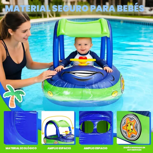 Miniatura 6 de iGeeKid Flotador inflable de piscina para bebé con toldo, asiento de seguridad para bebé, flotadores de natación en forma de automóvil, flotadores