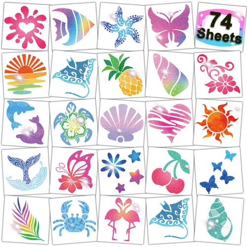 CHARLENT Tatuajes temporales con purpurina para decoración de fiesta Aloha – 74 hojas individuales con purpurina de tatuajes de verano para niños y