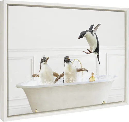 Kate and Laurel Sylvie Penguins In Bubble Bath - Lienzo enmarcado de estilo neutro por Amy Peterson Art Studio; 18 x 24 pulgadas, color blanco;
