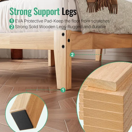 Miniatura 6 de Cama de plataforma de madera maciza de tamaño individual con luz LED, diseño sin ruido con soporte de listones de metal y madera, no necesita