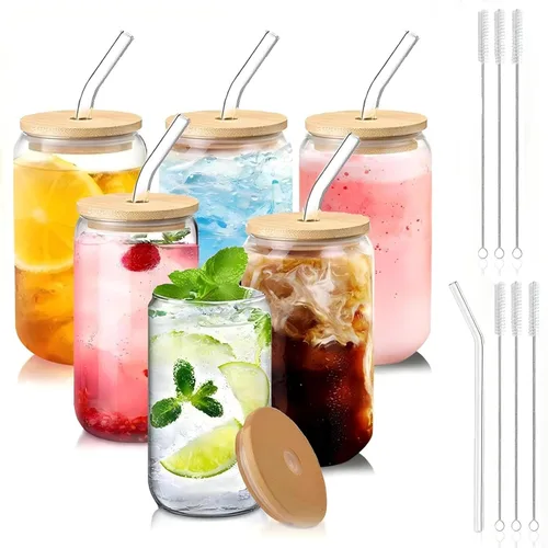 Miniatura 17 de Vasos de vidrio con tapas y pajitas, 1 paquete, tazas de café de vidrio, taza de vidrio con tapa para café helado, batido, cóctel, cerveza, whisky