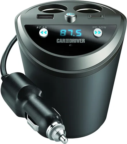 Miniatura 4 de Car and Driver Transmisor FM inteligente con soporte para vasos Bluetooth, compatible con Alexa, Siri y Google Assistant para automóvil, puertos