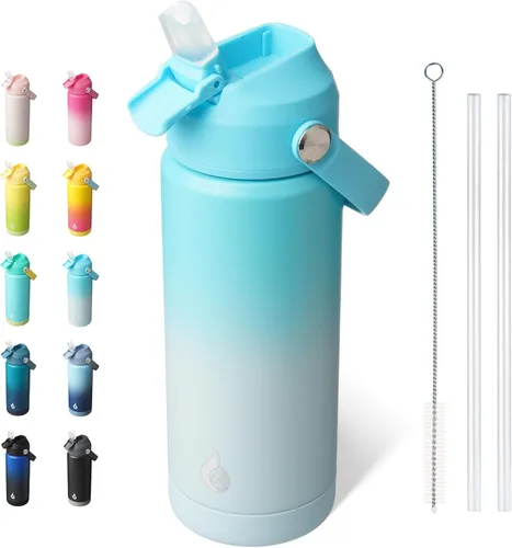 Miniatura 17 de BJPKPK - Botella de agua aislada con tapa de popote, 532 ml Botellas termo con boquilla suave, asa flexible y base antideslizante, libre de BPA, a