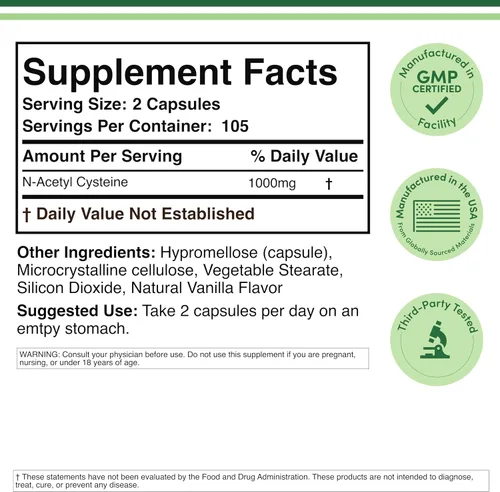 Miniatura 3 de Suplemento NAC N-acetil cisteína (1,000 mg por porción, 500 mg por cápsula, 210 cápsulas) (probado por terceros) con tecnología de enmascaramiento