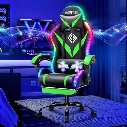 Miniatura 13 de HOFFREE - Silla gamer con masaje, altavoces Bluetooth y luces LED, silla ergonómica para computadora y videojuegos con reposapiés, silla de Azul
