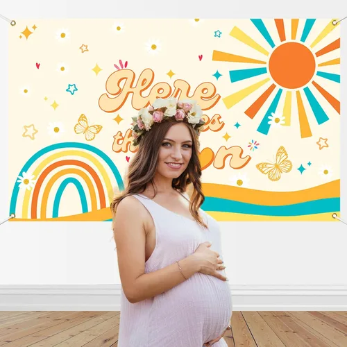 Miniatura 2 de Mocsicka Banner bohemio para baby shower con texto en inglés «Here Comes The Sun», decoración de fiesta de baby shower, para fotografía, decoración