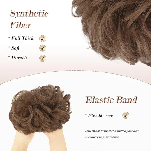 Miniatura 4 de FESHFEN - Pieza de pelo de moño desordenado - Extensiones de peinado con bandas elásticas rizadas y onduladas, extensiones de cabello sintético