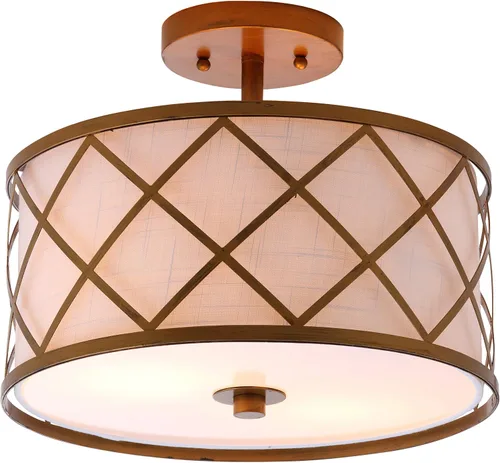 JONATHAN Y Lámpara de techo LED de metal dorado de 13.25 pulgadas, lámpara de tambor de celosía moderna con pantalla de lino blanco, 2 luces