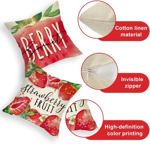 Miniatura 4 de Juego de 4 fundas de almohada decorativas de primavera y verano de fresa de 16 x 16 pulgadas, decoración de fundas de cojín de fruta roja dulce