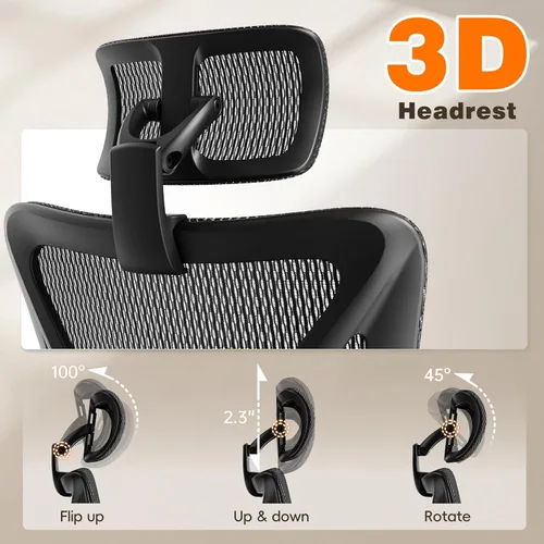 Miniatura 7 de GABRYLLY Silla de oficina ergonómica con reposapiés, silla de escritorio reclinable de 135° con soporte lumbar ajustable, reposabrazos 3D, Negro