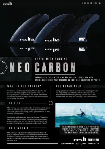 Miniatura 7 de FCS II Mick Fanning Neo Carbon - Tres aletas grandes de carbono, color negro y carbón, diseñadas para potencia, velocidad y respuesta rápida, ideal