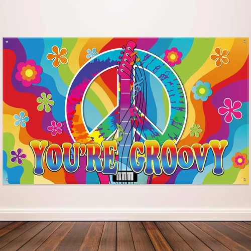 Blulu Pancarta de decoración de fiesta hippie de los años 60 y 70, 73 x 44 pulgadas, decoración grande con temática de Groovy You are Groovy Tie Dye