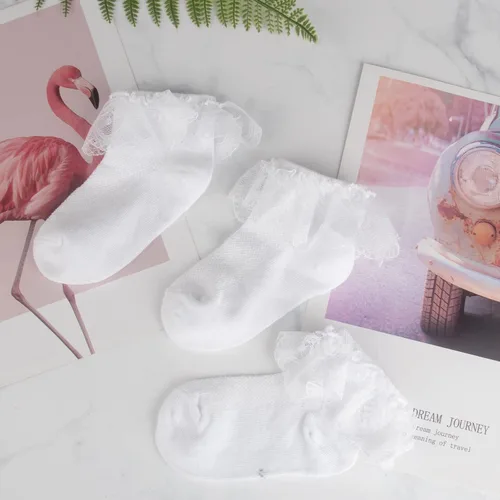 Miniatura 5 de Looching 4 pares de calcetines de encaje de princesa de algodón con volantes sólidos para niñas pequeñas